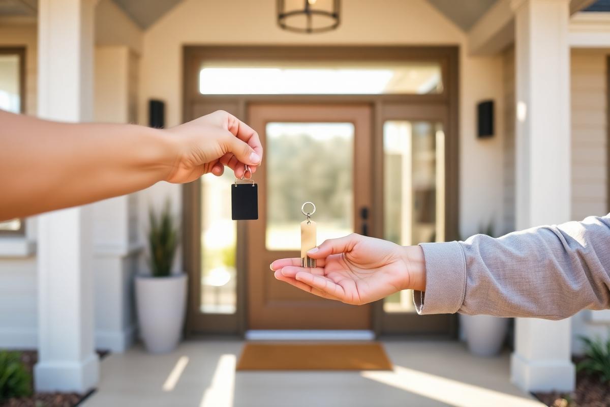 Keys being handed over at the entrance of a new home
