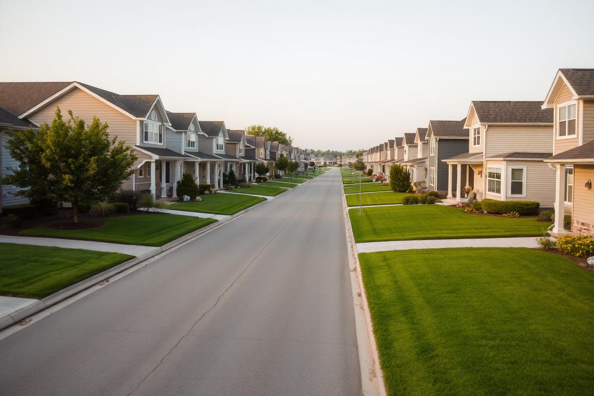 Aerial view of a suburban street lined with homes
