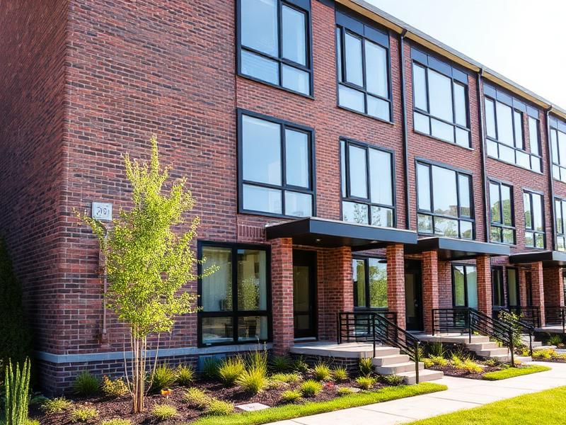 Modern brick and glass townhouse with fresh landscaping