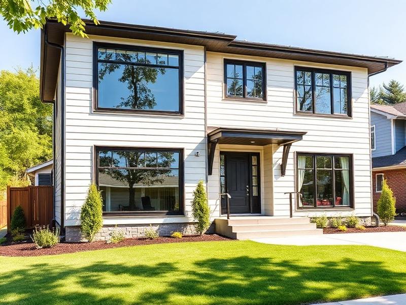 Two-story contemporary home with black-framed windows and a manicured lawn