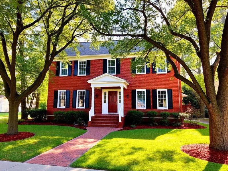 Red-brick colonial house with white trim and a brick walkway