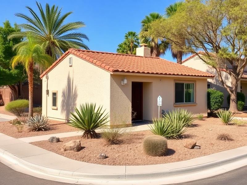 Stucco cottage with a terracotta tile roof and desert landscaping