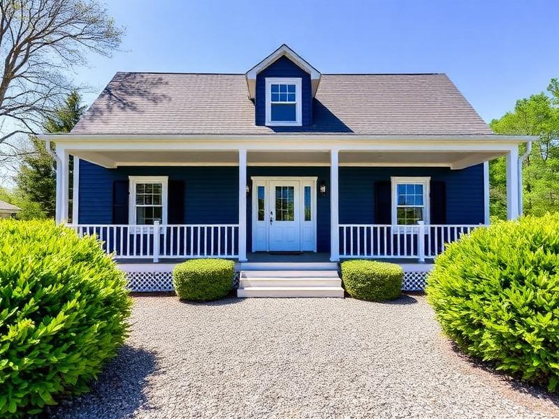 Navy farmhouse-style home with a white covered porch and gravel drive