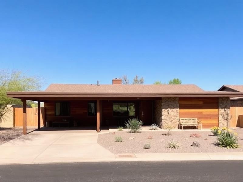 Mid-century modern single-story home with wood and stone facade